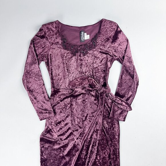 Vintage Velvet Dress | 80's Plum Purple Gothic Faux Wrap Midi Dress - Picture 2 of 6